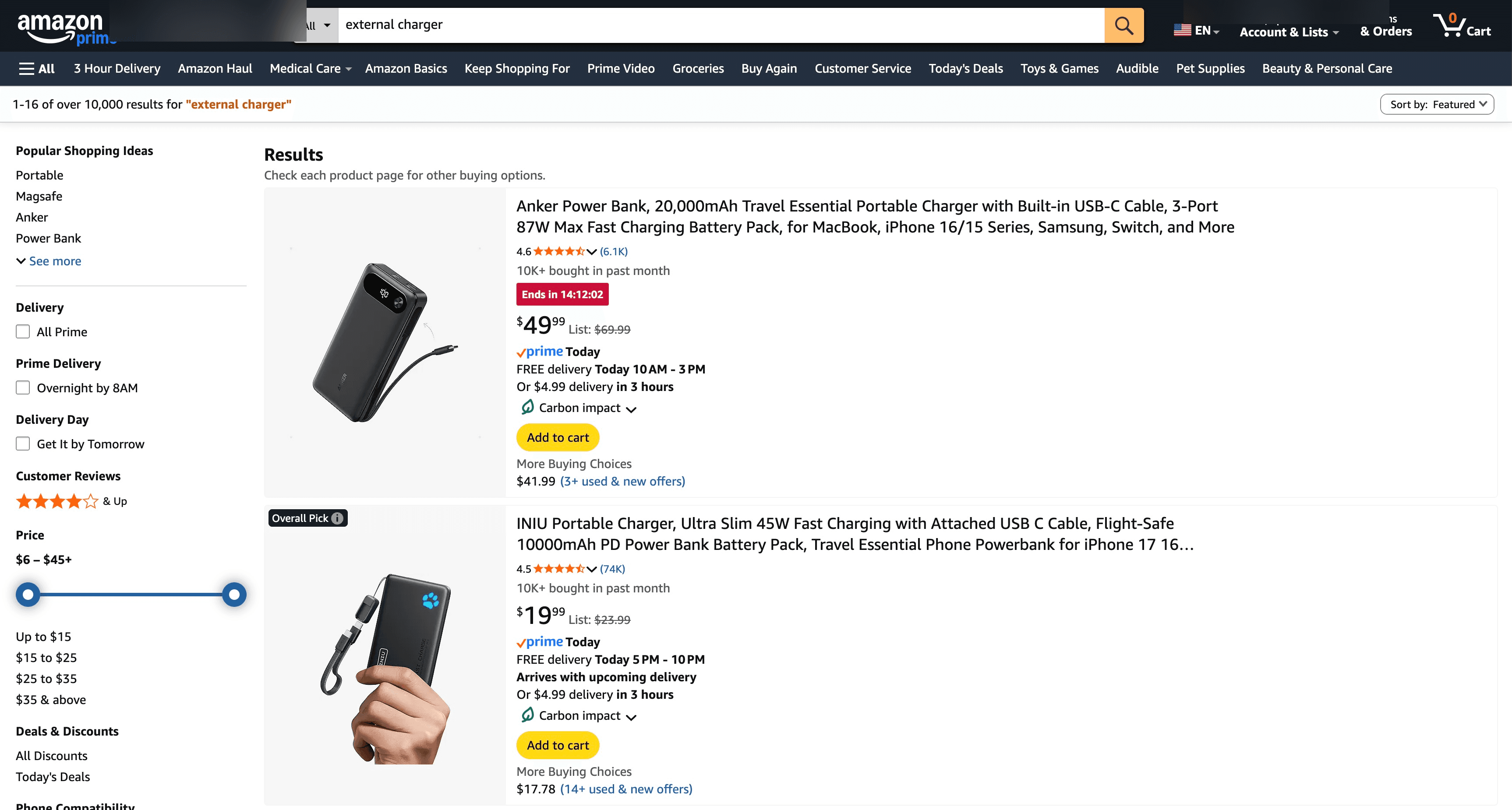 Amazon search for external charger with ad blocker — organic results with Overall Pick badges