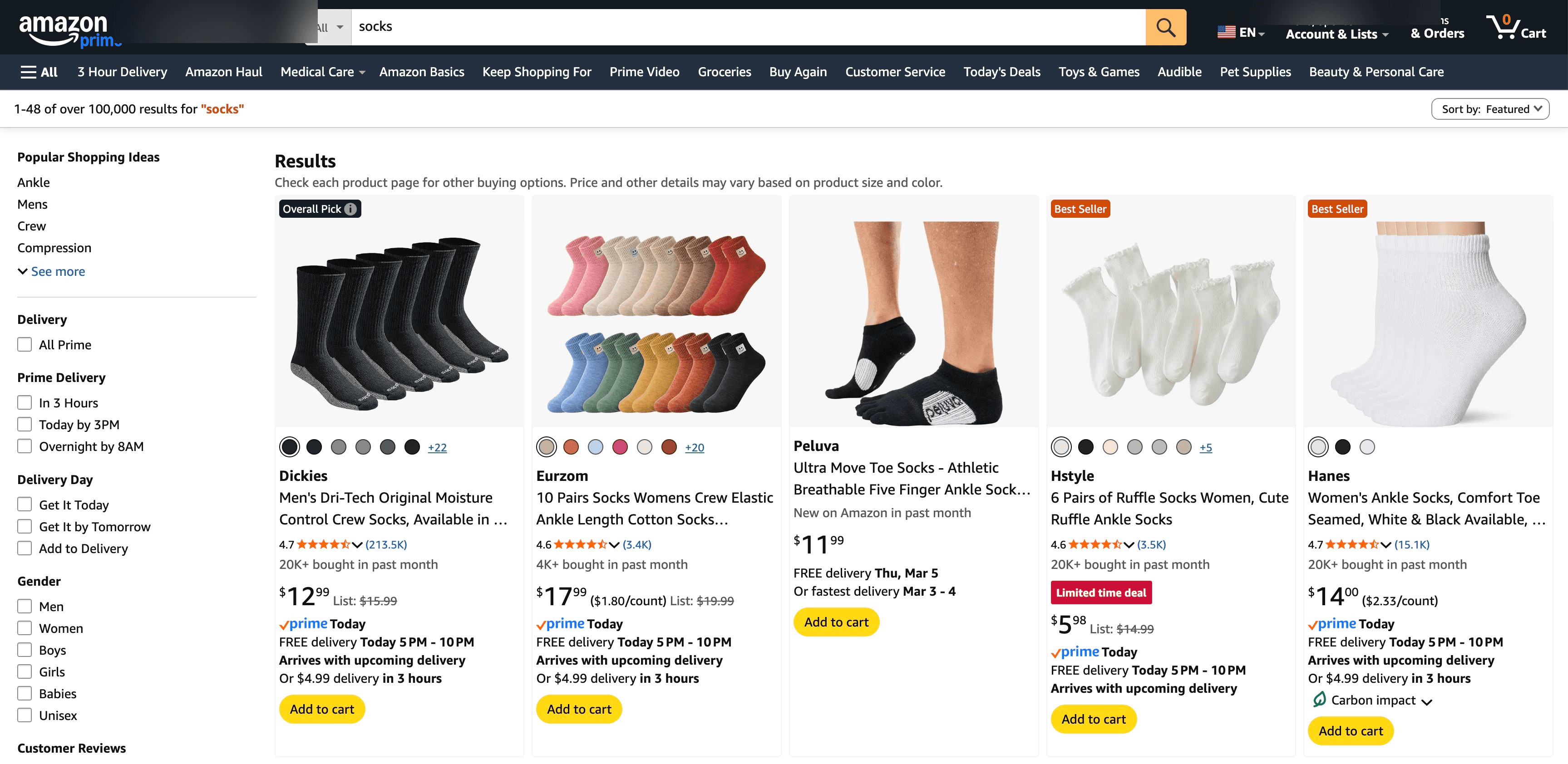 Amazon search for socks with ad blocker — organic results ranked by relevance
